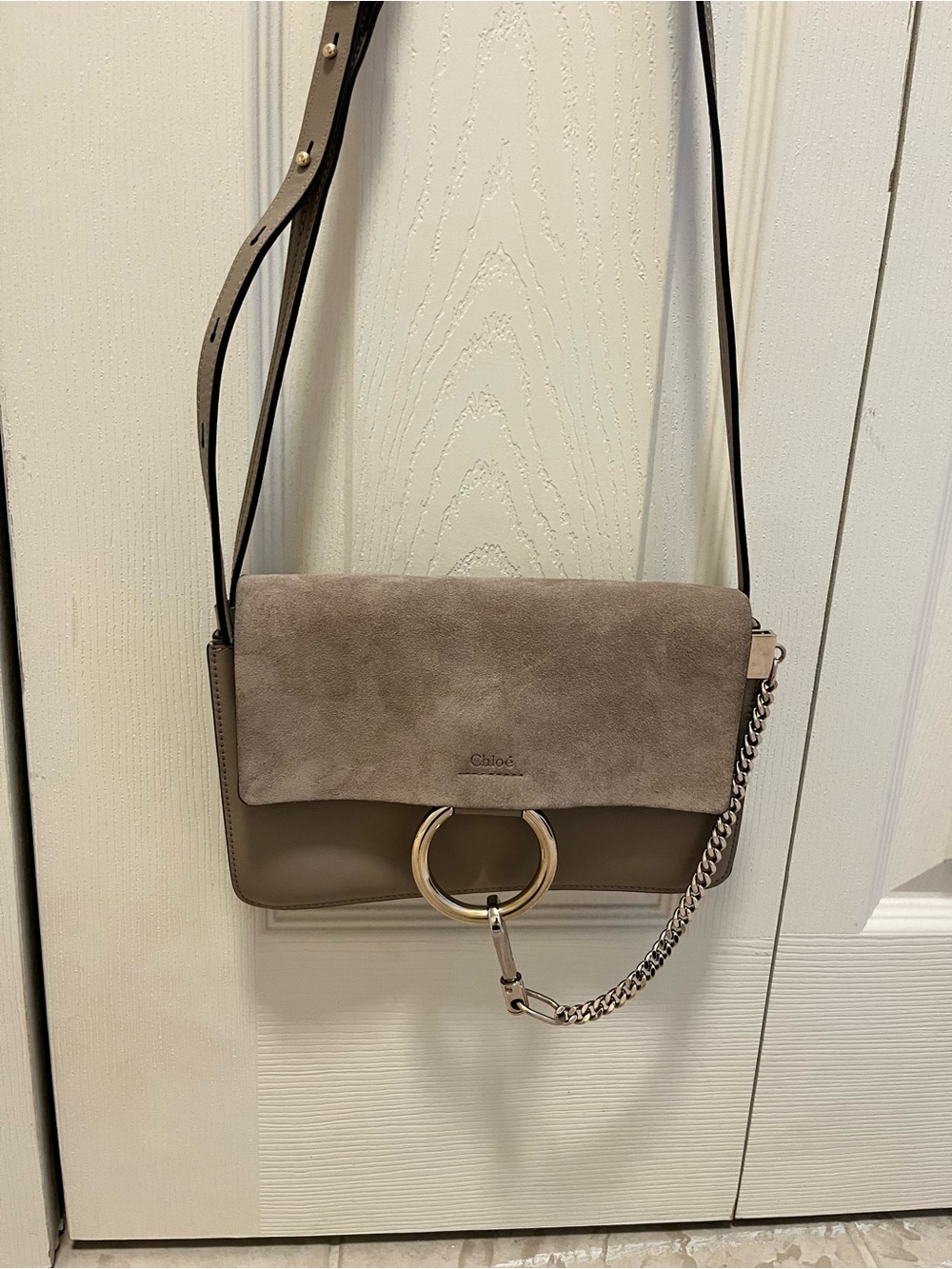 AUTHENTIC GRAY SUEDE AND LEATHER CROSSBODY BAG WITH GOLD RING